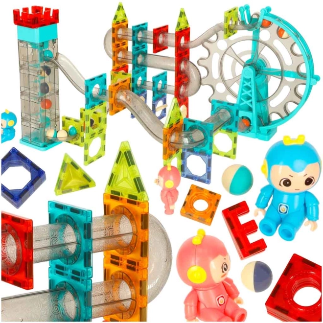 Set de construcție magnetic pentru pistă de bile cu roată panoramică și lift, 118 piese