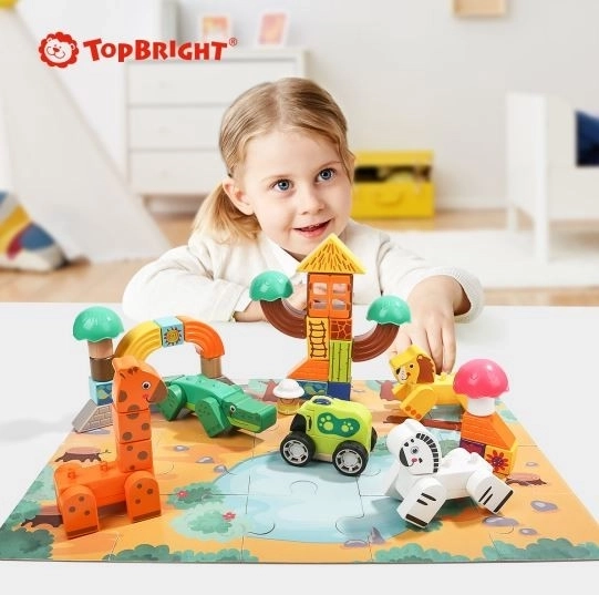 Set parc safari cu blocuri din lemn și puzzle Top Bright