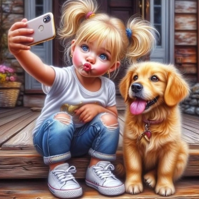 Pictură cu diamante Selfie cu cățel 30x40 cm