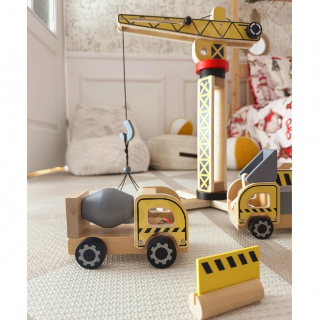 Set de construcție din lemn XXL cu macara rotativă și vehicule Woopie Green