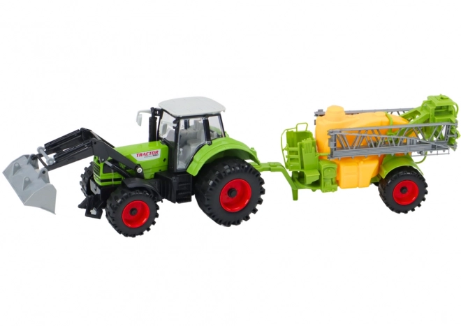 Tractor multifuncțional cu excavator și pulverizator verde