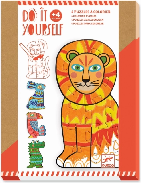 Djeco puzzle cu contur de colorat Animăluțe 4×12 piese