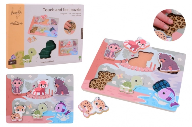 Puzzle tactile cu animale Jouéco din lemn