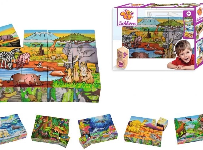 Cuburi ilustrate din lemn EICHHORN, 12 cuburi, 6 motive