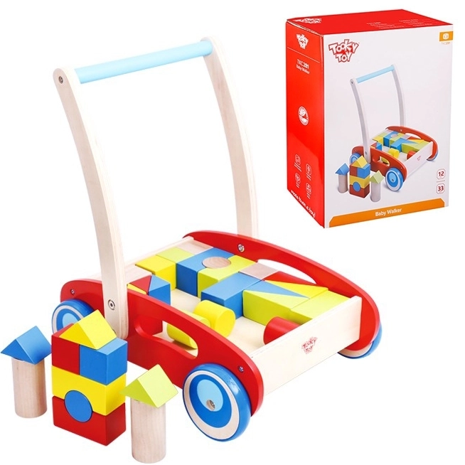 Pusher din lemn cu blocuri Tooky Toy pentru copii