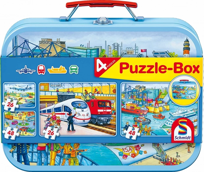 Puzzle transport SCHMIDT 4 în 1 în cutie din tablă