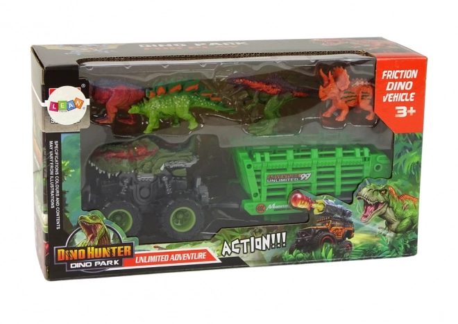 Tractor dinozaur cu remorcă și 4 figurine de dinozauri