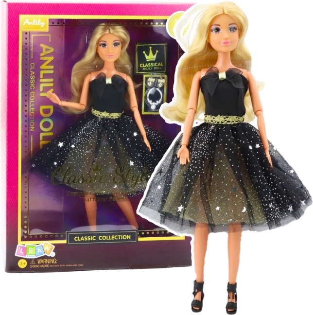 Păpușa Anlily, rochie neagră-aurie de seară, membre mobile, păr blond