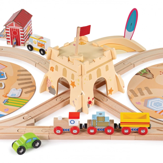 trenuleț de lemn bigjigs rail set aventură pe coastă 70 de piese