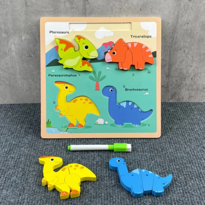 Puzzle educativ din lemn cu dinozauri și tablă de desen