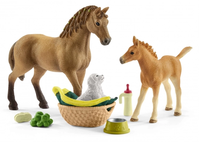 Set figurine mânz și cal Quarter Schleich cu cățeluș și accesorii