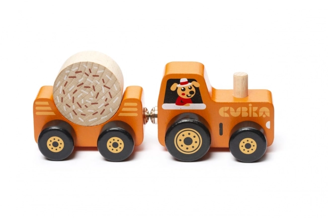 Cubika tractor cu remorcă și puzzle din lemn cu magnet