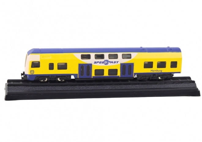 Model colectibil tren galben-albastru 1:48 metalic