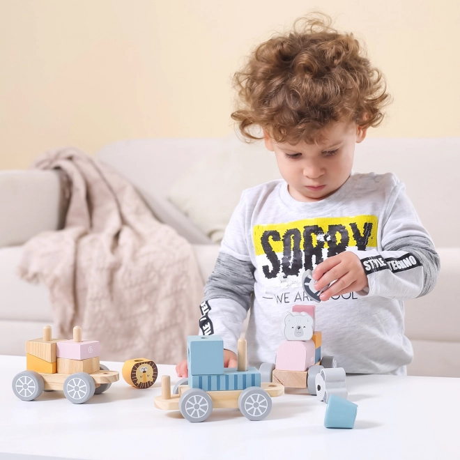 Jucărie din lemn trenuleț cu blocuri și animăluțe Montessori