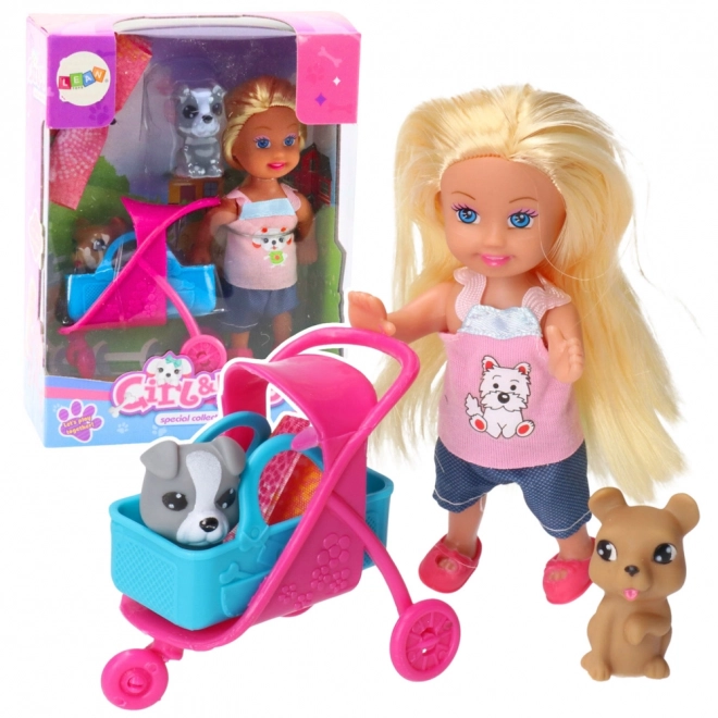 Set cu mini păpușă, cărucior și căței