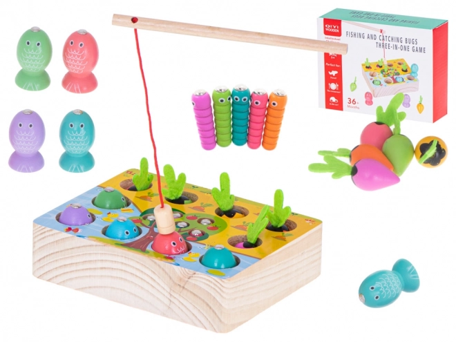 Joc magnetic Montessori pescuit de peștișori și insecte, morcovi de lemn