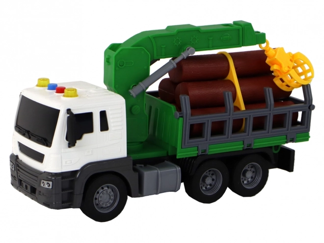 Camion cu macara cu remorcă și sunete, culoare verde, din lemn, 1:16