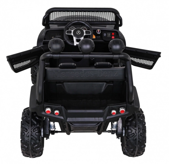Mercedes Benz Unimog pentru copii negru + tracțiune 4x4 + telecomandă + spațiu pentru bagaje + pornire lentă + MP3 LED