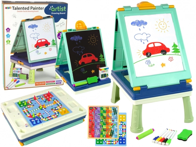 Tablă de jocuri 3 în 1 cu suprafețe desen și joc ludo menta