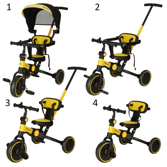 Tricicletă multifuncțională cu copertină Trike Fix V4 – Galben-negru