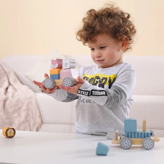 Jucărie din lemn trenuleț cu blocuri și animăluțe Montessori