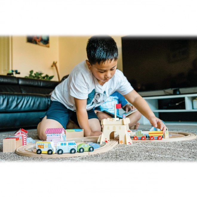 trenuleț de lemn bigjigs rail set aventură pe coastă 70 de piese