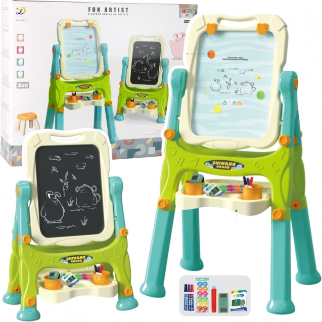 Tablă educațională cu două fețe pe suport cu accesorii verzi 3în1