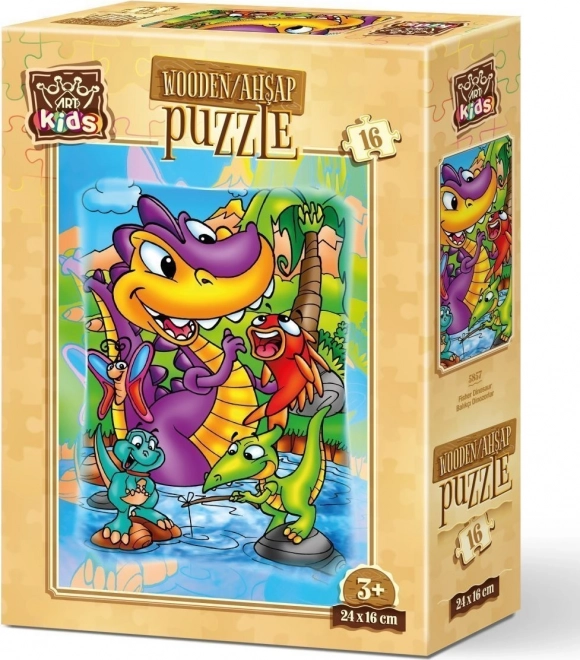 Puzzle din lemn dinozauri la pescuit 16 piese