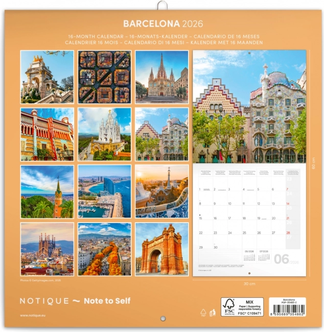 Calendar de notițe Barcelona 2026, 30 x 30 cm