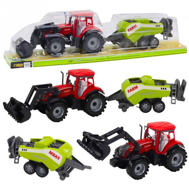 Tractor roșu cu încărcător și presă de balotat