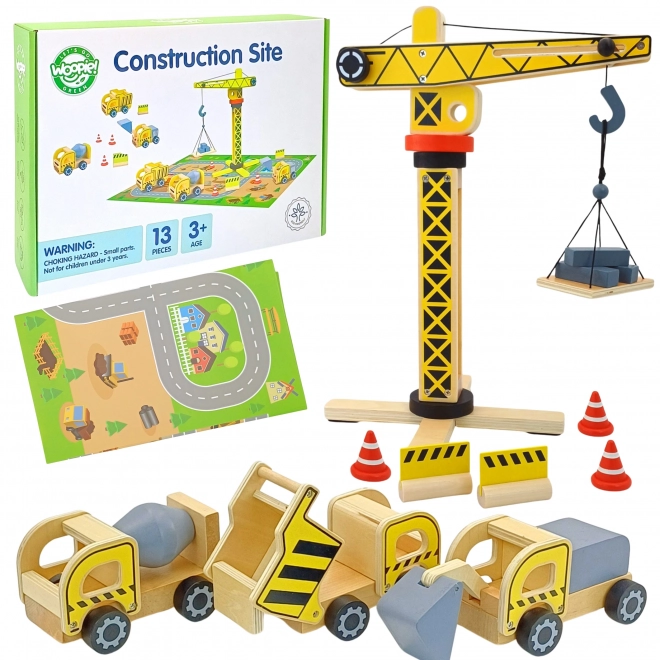 Set de construcție din lemn XXL cu macara rotativă și vehicule Woopie Green