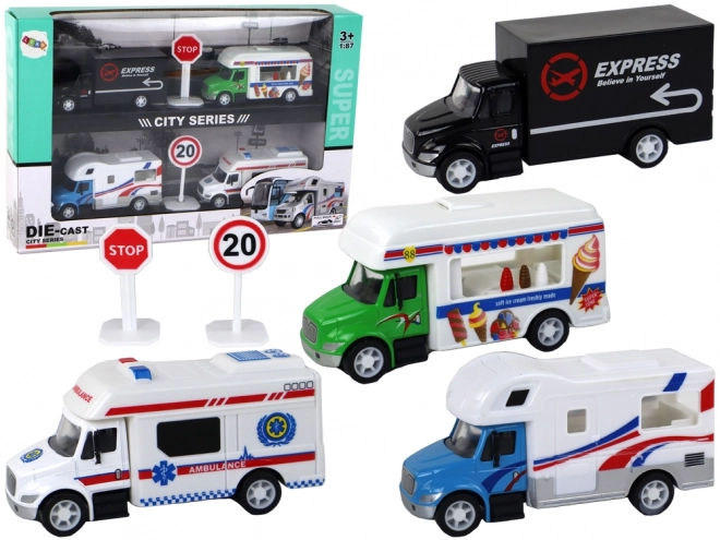 Set vehicule cu motor friction 1:87 - Camion, ambulanță, rulotă, cofetărie pe roți