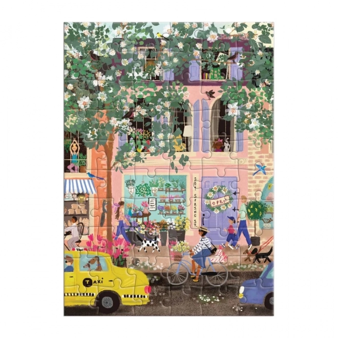Puzzle ilustruat Galison cu felicitare - Strada de primăvară