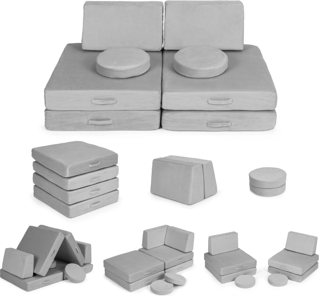 Canapea modulară mare pliabilă pentru copii DIY, 8 perne moi - gri ECOTOYS