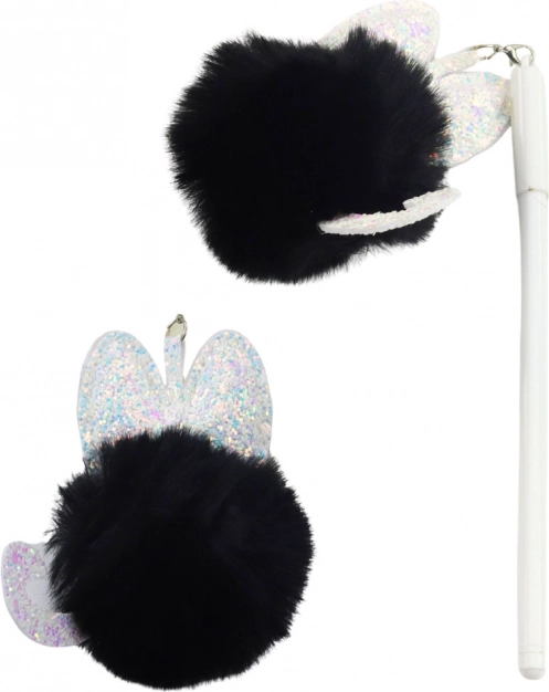 Pix gel cu pompon negru, cerneală albastră 17 cm 0,5 mm