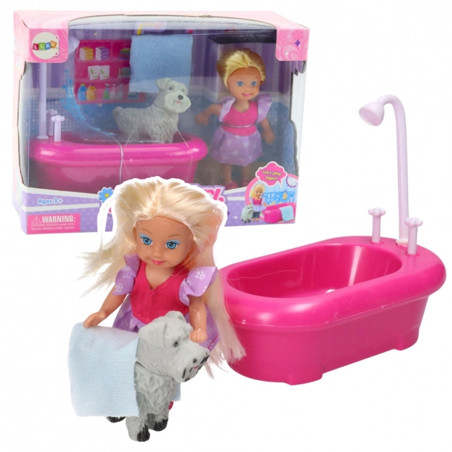 Mini set de păpușă cu cadă și cățel alb