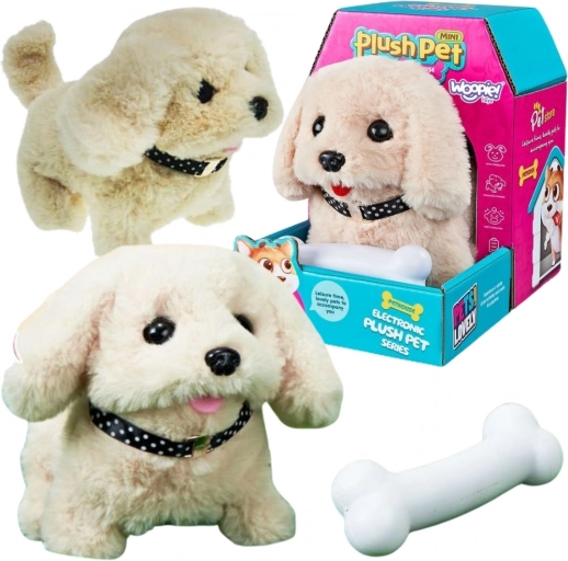 Cățeluș de pluș interactiv Woopie cu os (bichon sau golden retriever)