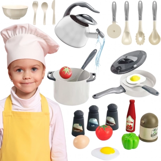 Set de bucătărie Woopie pentru micii bucătari, oale, tigaie și ceainic, alb, 32 piese