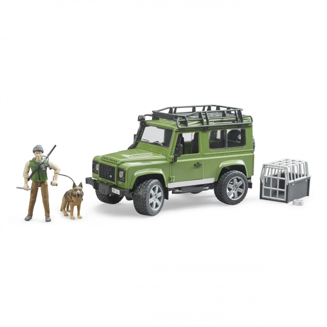 Land Rover Defender cu figurina vânător, câine și accesorii