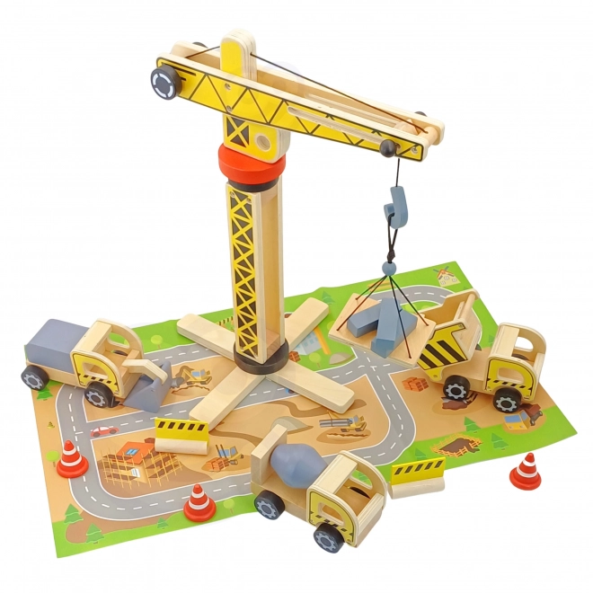 Set de construcție din lemn XXL cu macara rotativă și vehicule Woopie Green