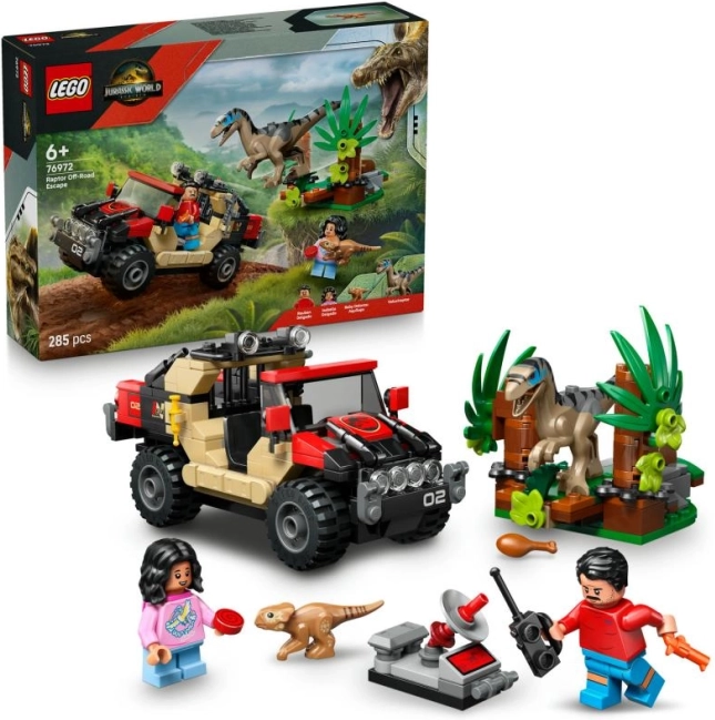 Set de construcție LEGO Jurassic World: Evadare cu mașina de teren de velociraptor