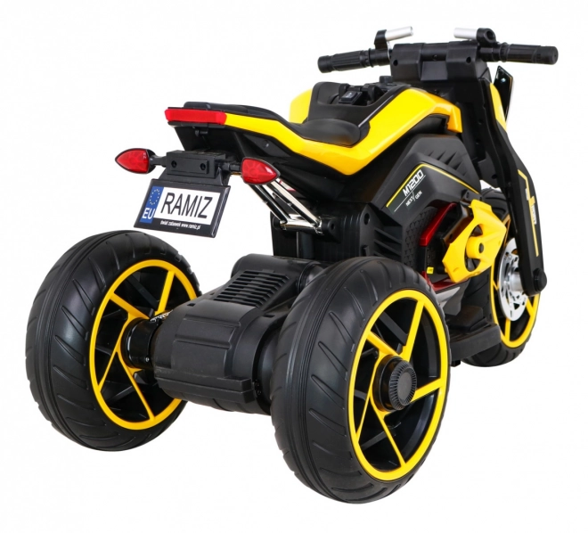 Viitoarea motocicletă pentru copii pe baterii galbenă + Panou audio + Pornire lină + Roți EVA