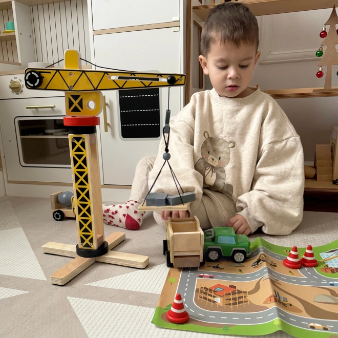 Set de construcție din lemn XXL cu macara rotativă și vehicule Woopie Green
