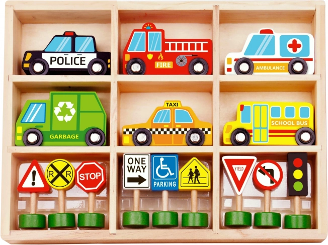 Set de vehicule și indicatoare rutiere din lemn Woopie Green