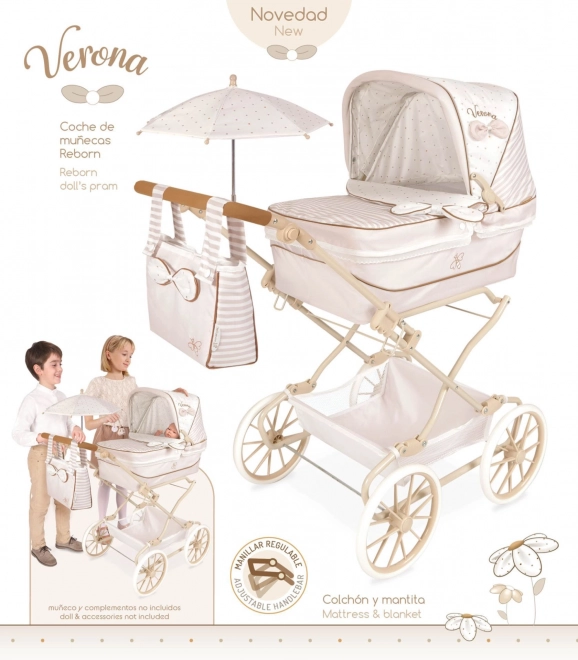 Cărucior pliabil pentru păpuși Reborn cu parasolar și accesorii Verona