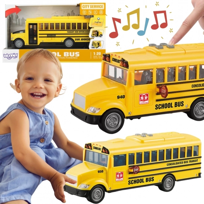 Autobuz școlar interactiv WOOPIE 1:20 cu efecte și uși care se deschid