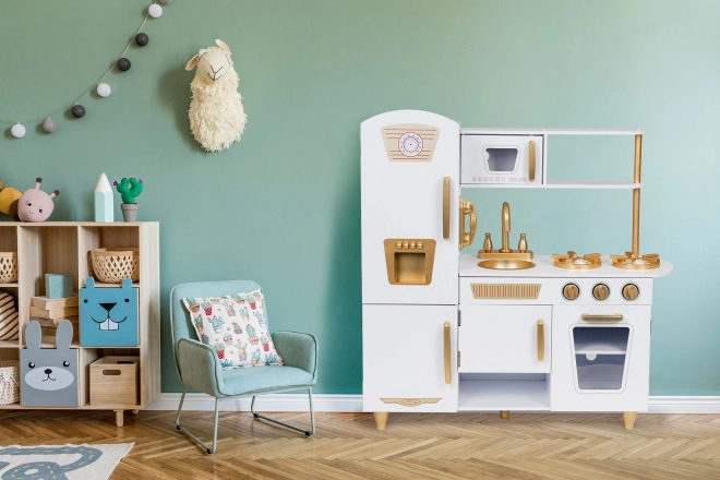 Bucătărie mare din lemn pentru copii, albă și aurie, ECOTOYS