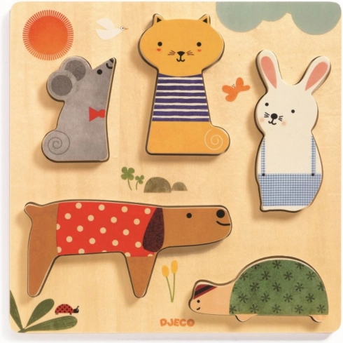 Puzzle din lemn, insertie, Animale de companie Djeco