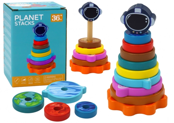 Piramidă sortator din lemn cu planete din cosmos