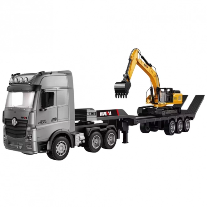 Camion controlat de la distanță cu remorcă și excavator Huina 1:18